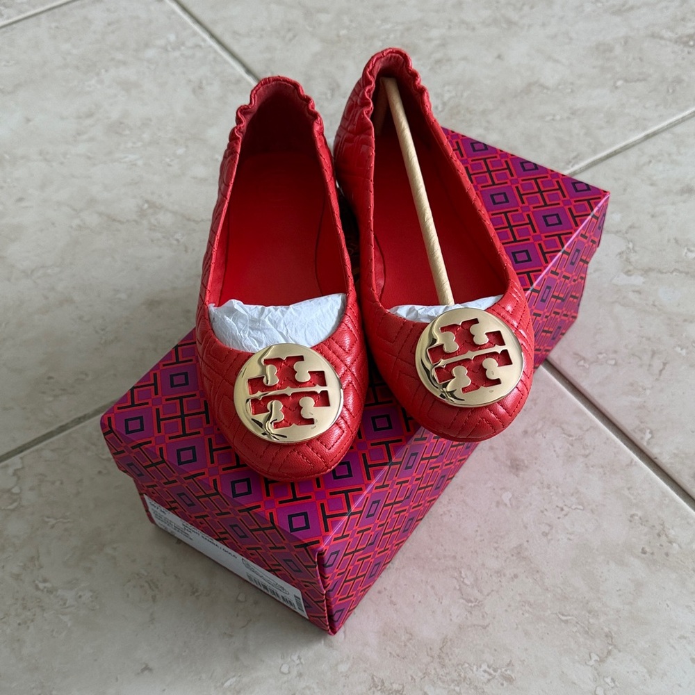 Tory Burch Dark Orange Minnie Travel Ballet Quilted Flats